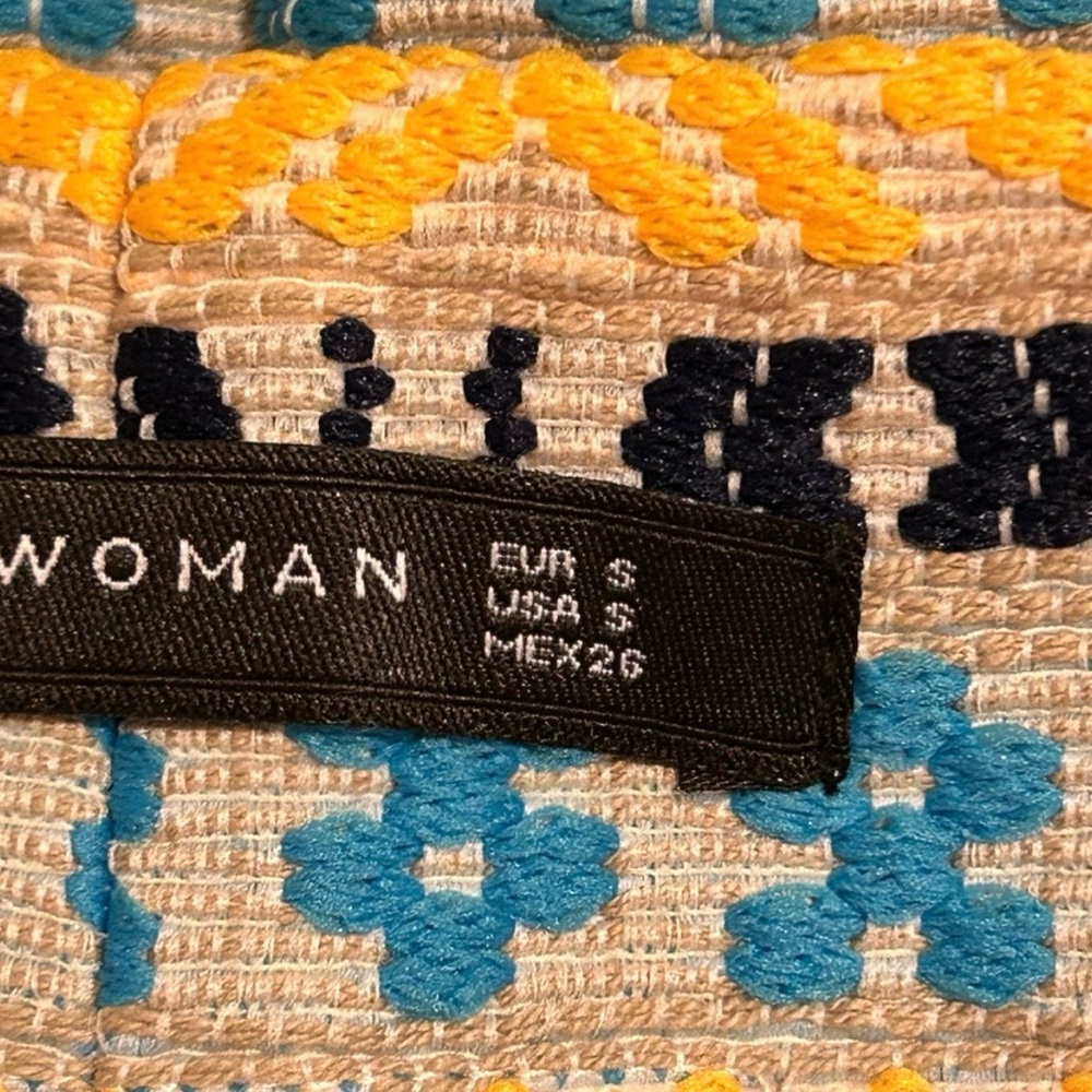 Zara Yellow Blue Gray Black Aztec Boho Patterned Mini Skirt - Size S - Picture 7 of 8